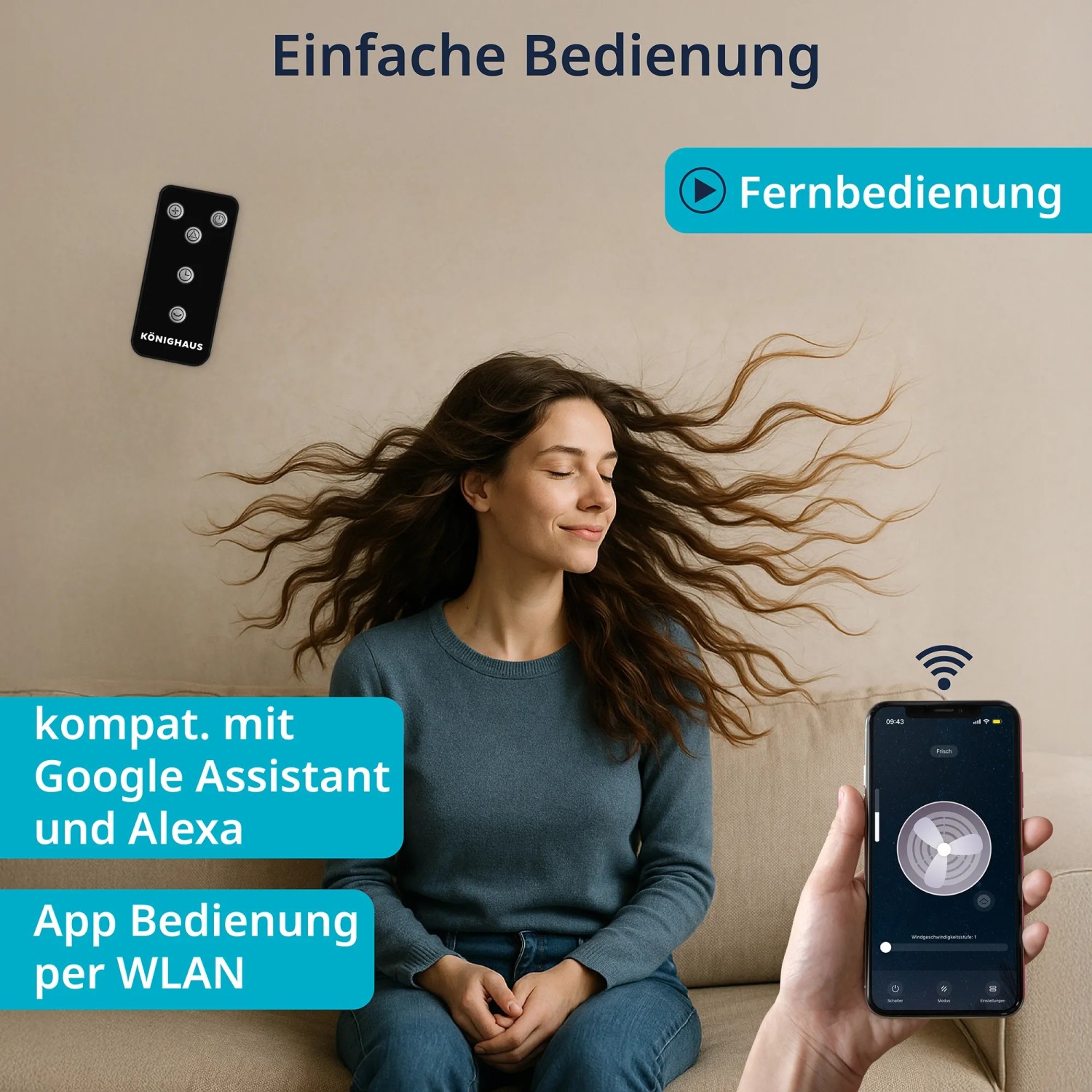 Könighaus Ventilator 3-in-1: Frau entspannt mit Fernbedienung und App-Steuerung.