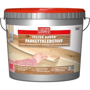 Grauer Eimer Lugato Parkettklebstoff 18 kg für Mehrschicht-, Stab- und Hochkantlamellen.