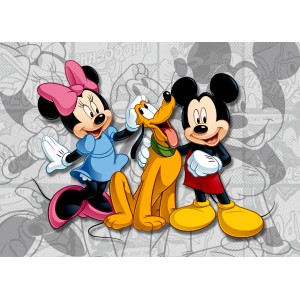 Disney Fototapete mit Micky, Minnie Maus und Pluto in Grau, Rosa und Rot.