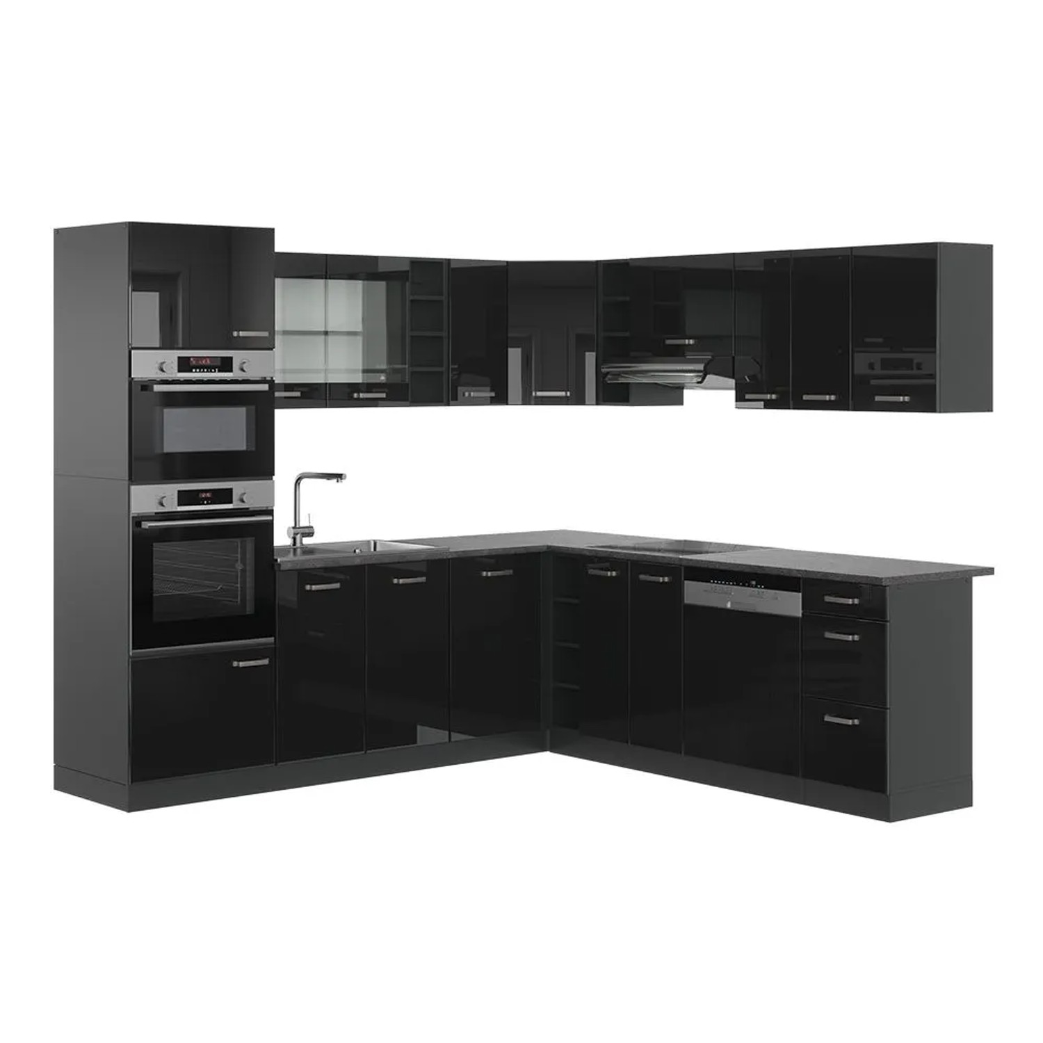 Vicco Eckküche R-Line Schwarz Hochglanz/Anthrazit 247 x 82 ohne Arbeitsplatte