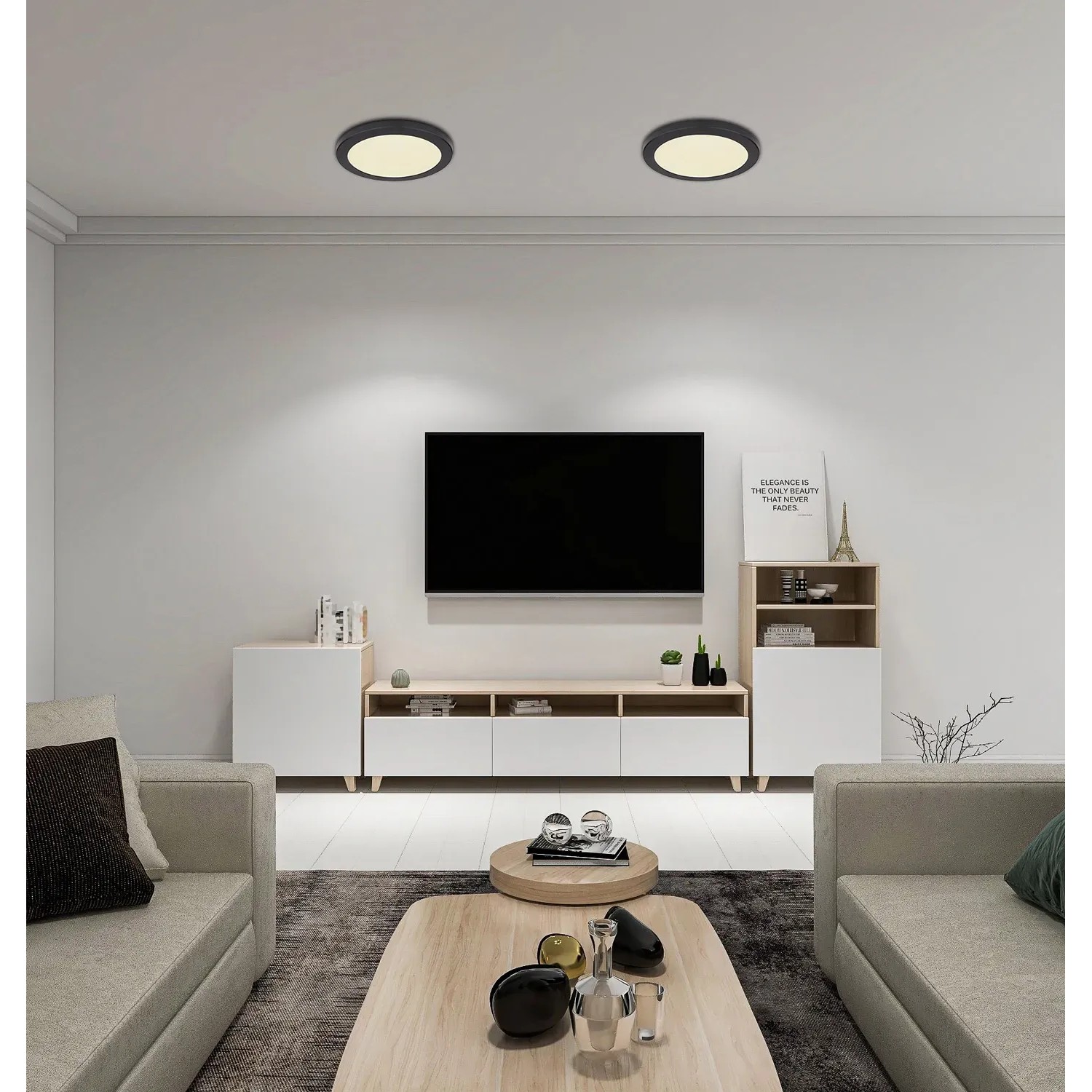 Schwarze Globo LED-Deckenleuchte Lasse, Ø 29,8 cm, in modernem Wohnzimmer.