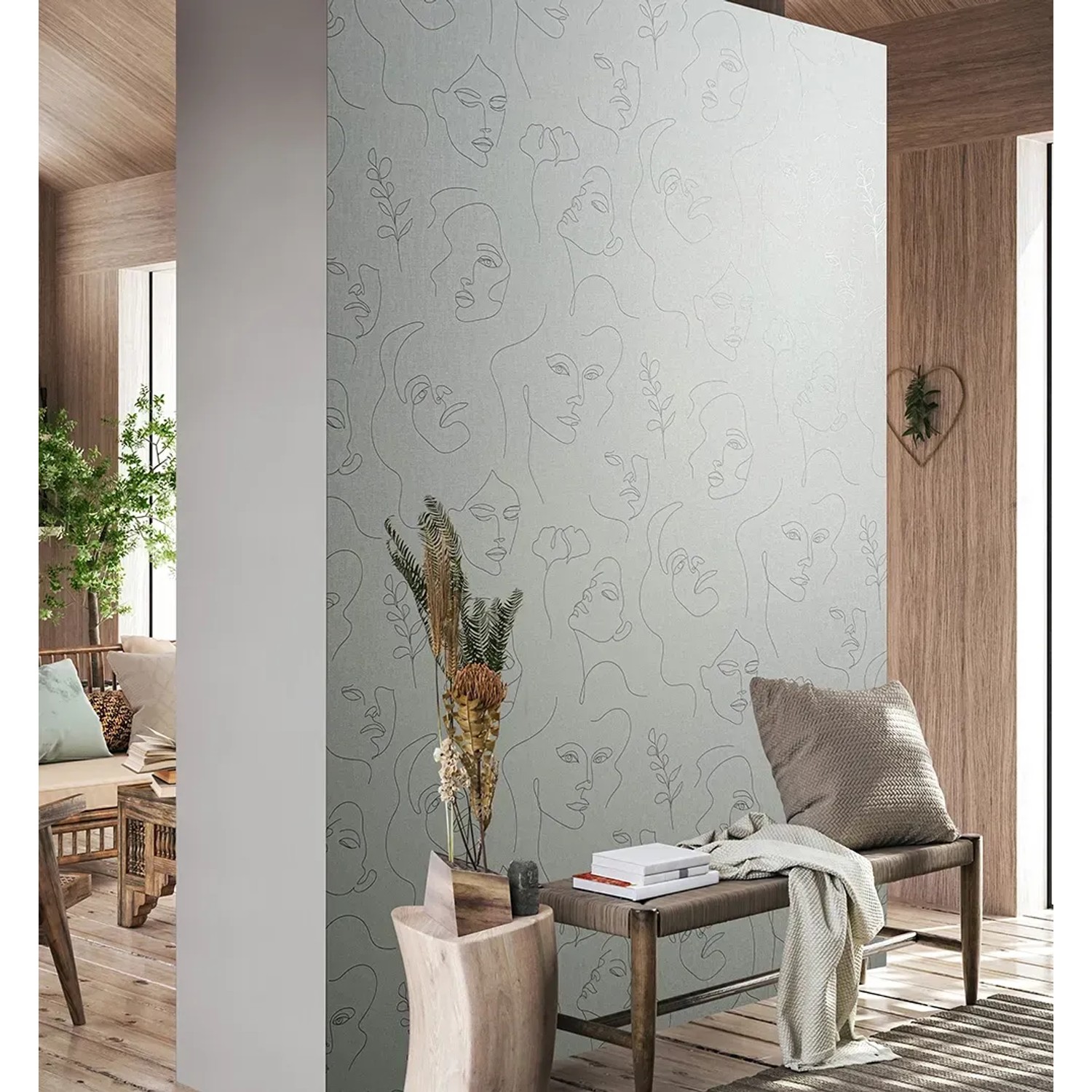 Graue Marburg Vliestapete Kylie 10 mit Textiloptik und modernem Frauengesicht Muster.
