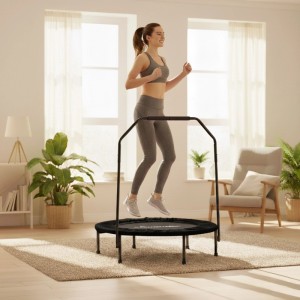 Frau springt auf schwarzem Relaxdays Fitnesstrampolin mit Haltestange im Wohnzimmer. Klappbares Indoor-Trampolin für Workout.