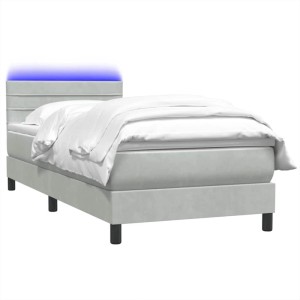 Helles Boxspringbett mit LED-Kopfteil, Matratze und Auflage, Bezug aus Samt, 90x220 cm.