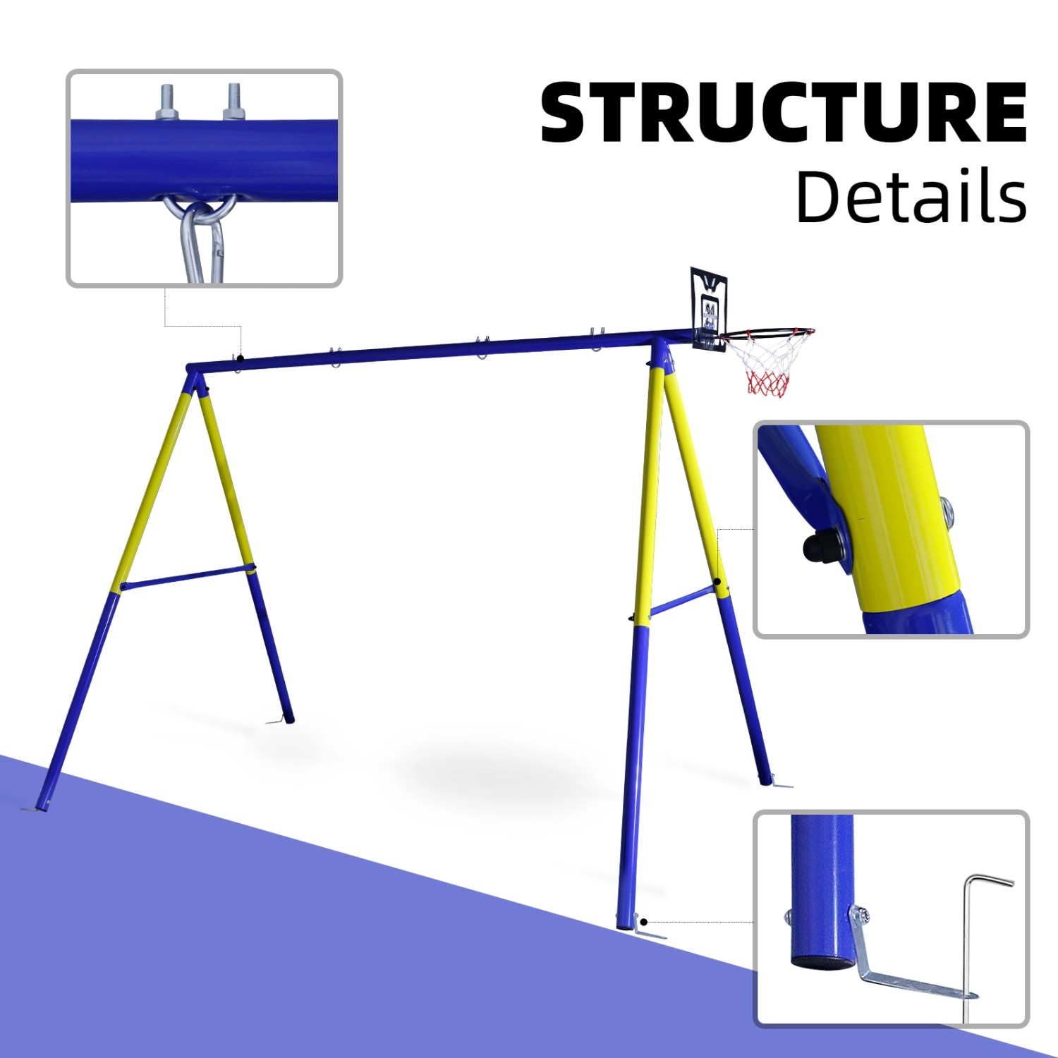 CCLIFE Schaukelgestell aus Metall mit Basketballkorb, gelb/blau, für Kinder bis 200 kg.