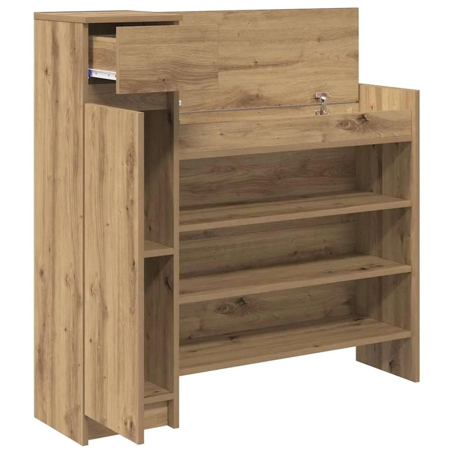 vidaXL Schuhschrank Eiche Handwerklich, Holzoptik, mit offenen Regalen, Schublade und Klapptür. Flurmöbel.
