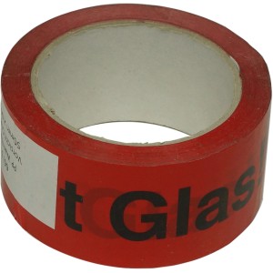 Rolle rotes Klebeband "Vorsicht Glas" für Umzugskartons, 50mm x 66m.