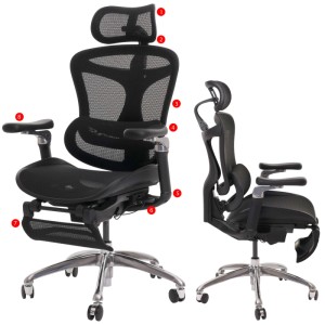 Schwarzer MCW Bürostuhl N54 mit Netzrückenlehne, Fußstütze und 6D-Armlehnen.