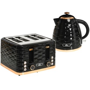 Schwarzes Kocher-Toaster-Set mit Kupferakzenten und Wellenmuster. 4-Schlitz-Toaster, 1,7L Wasserkocher für Haushaltsgeräte.
