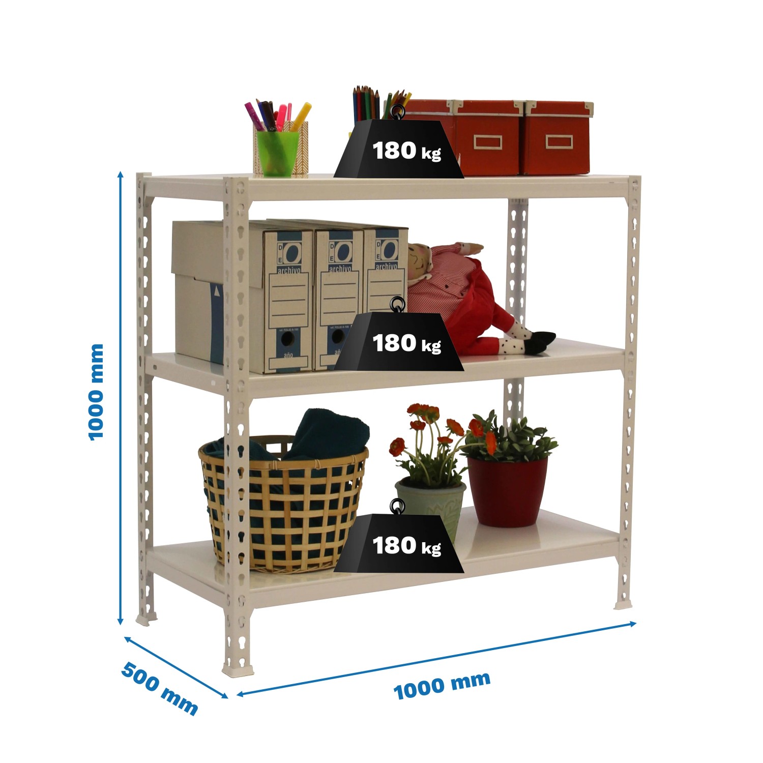 Weißes PROREGAL Schwerlastregal Small Metal Shark, 100x100x50 cm, Fachlast 180 kg, mit drei Ebenen.