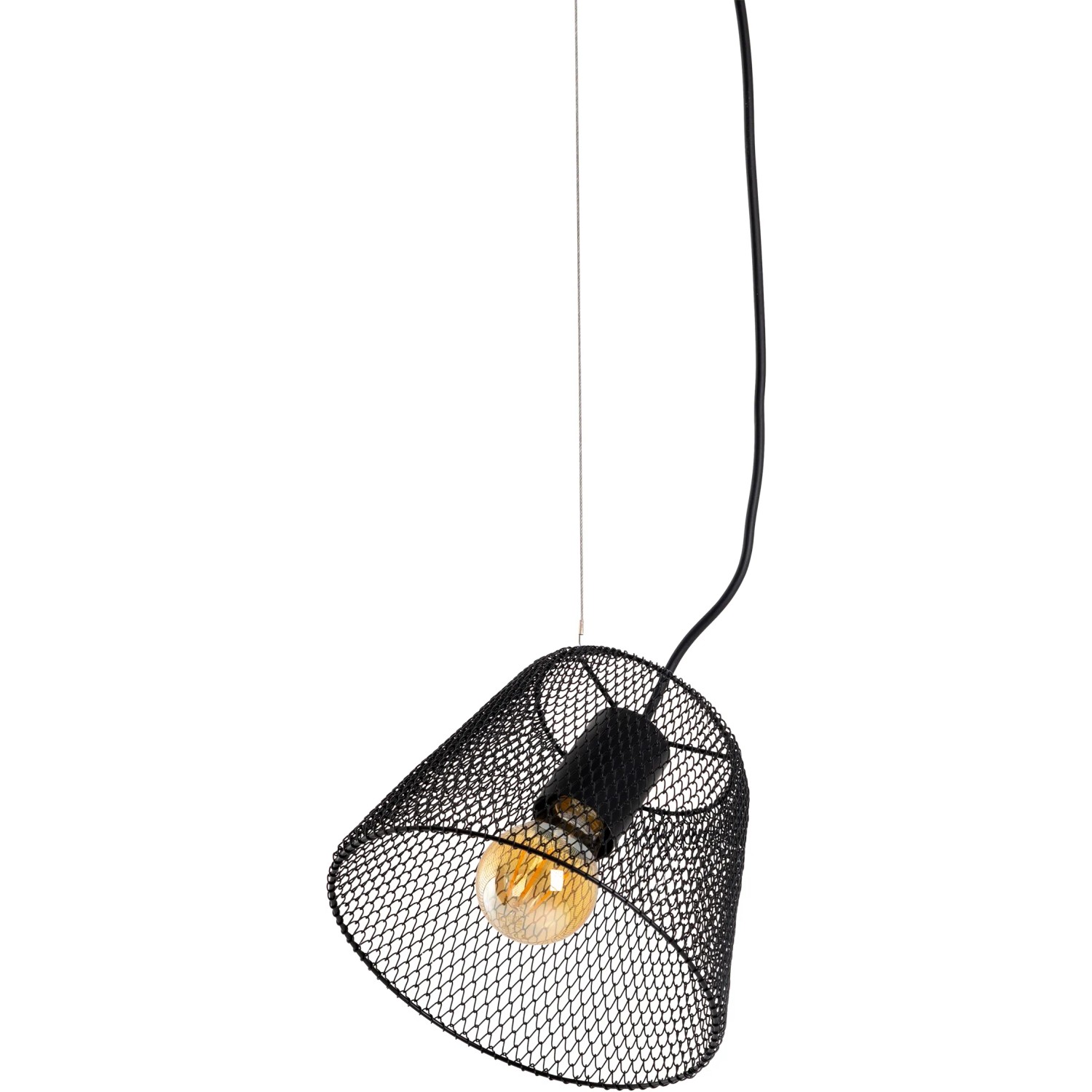 Schwarze Näve Pendelleuchte Korie mit Gitter-Lampenschirm und E27 Fassung.