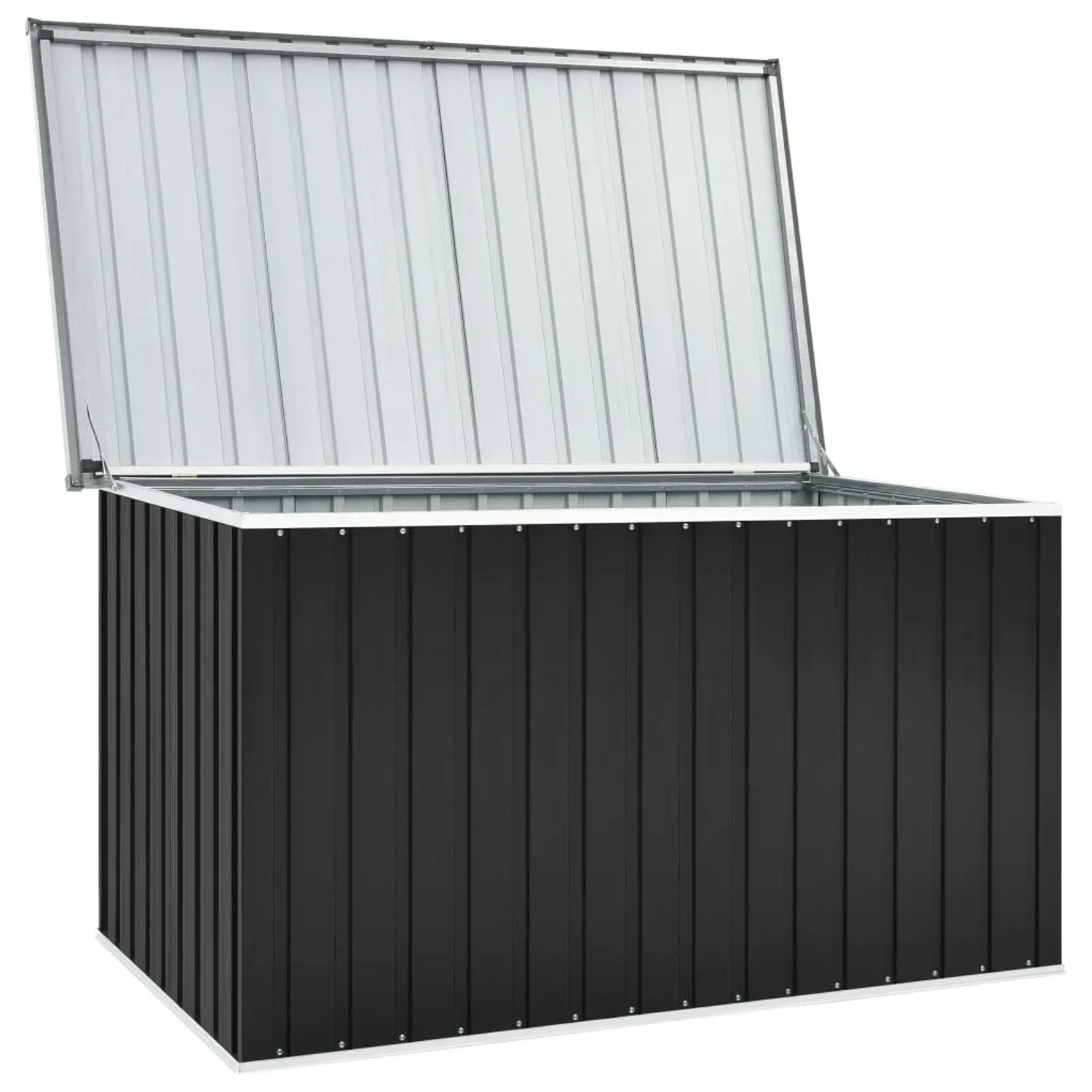 Offene, anthrazitfarbene furnicato Gartenbox (171x99x93 cm) aus Stahl für Gartenauflagen.