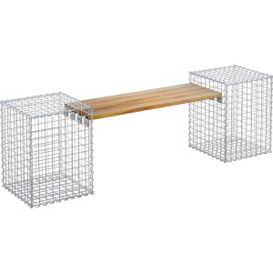 Gabiona Bank mit Teakholz-Sitzfläche, 45x60x45 cm, Maschenweite 5x5 cm. Ideal für Garten & Terrasse.