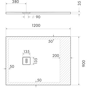 Technische Zeichnung Ottofond Duschwanne Nevis, 120x90 cm, rechteckig, mit Maßangaben.
