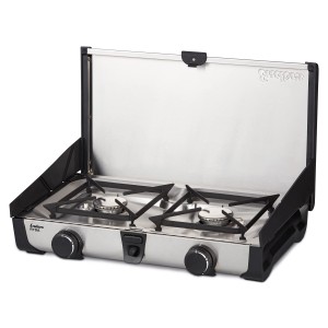 Enders Campingkocher Ryda 2Z mit zwei Brennern, Windschutz und Edelstahlgehäuse.