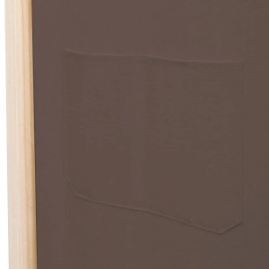 Detailansicht des braunen VidaXL Raumteilers (6-teilig) aus Stoff mit Holzrahmen und Taschen.