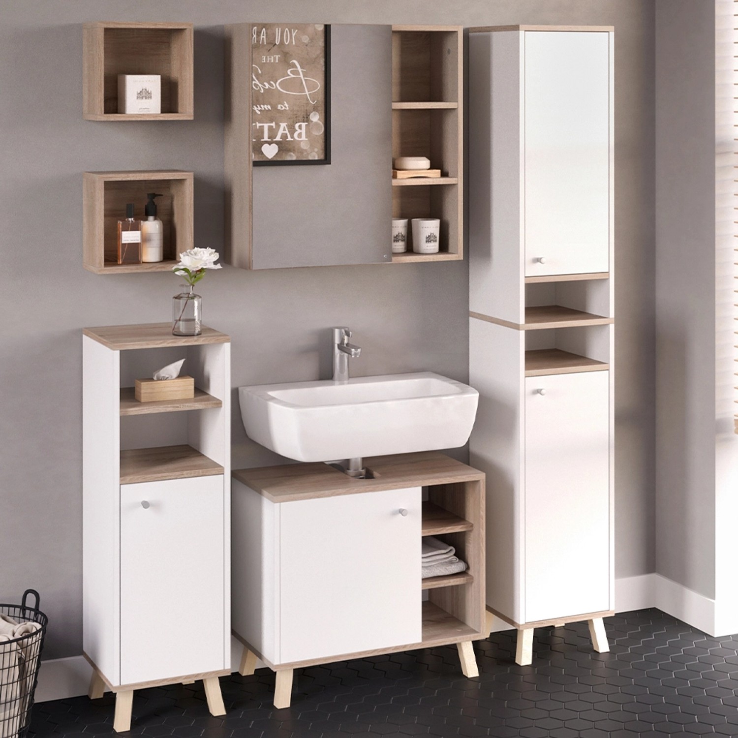 Vicco Badmöbel-Set Senyo, 5-teilig in Weiß/Sonoma mit Spiegelschrank, Waschbeckenunterschrank, Hoch- und Midischrank.