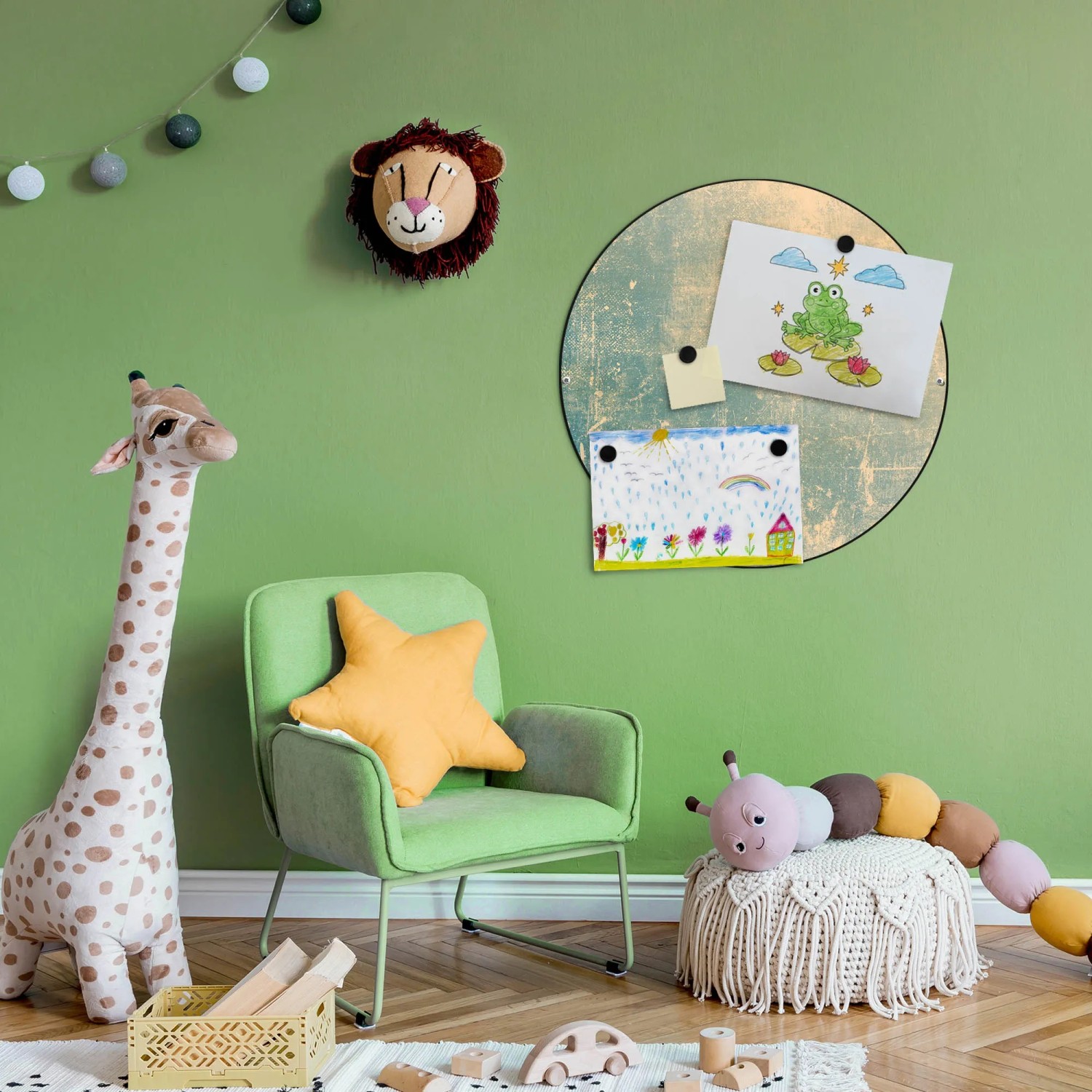 Runde Banjado Magnettafel in Schwarz mit Patina Grün Motiv, Wanddekoration im Kinderzimmer.