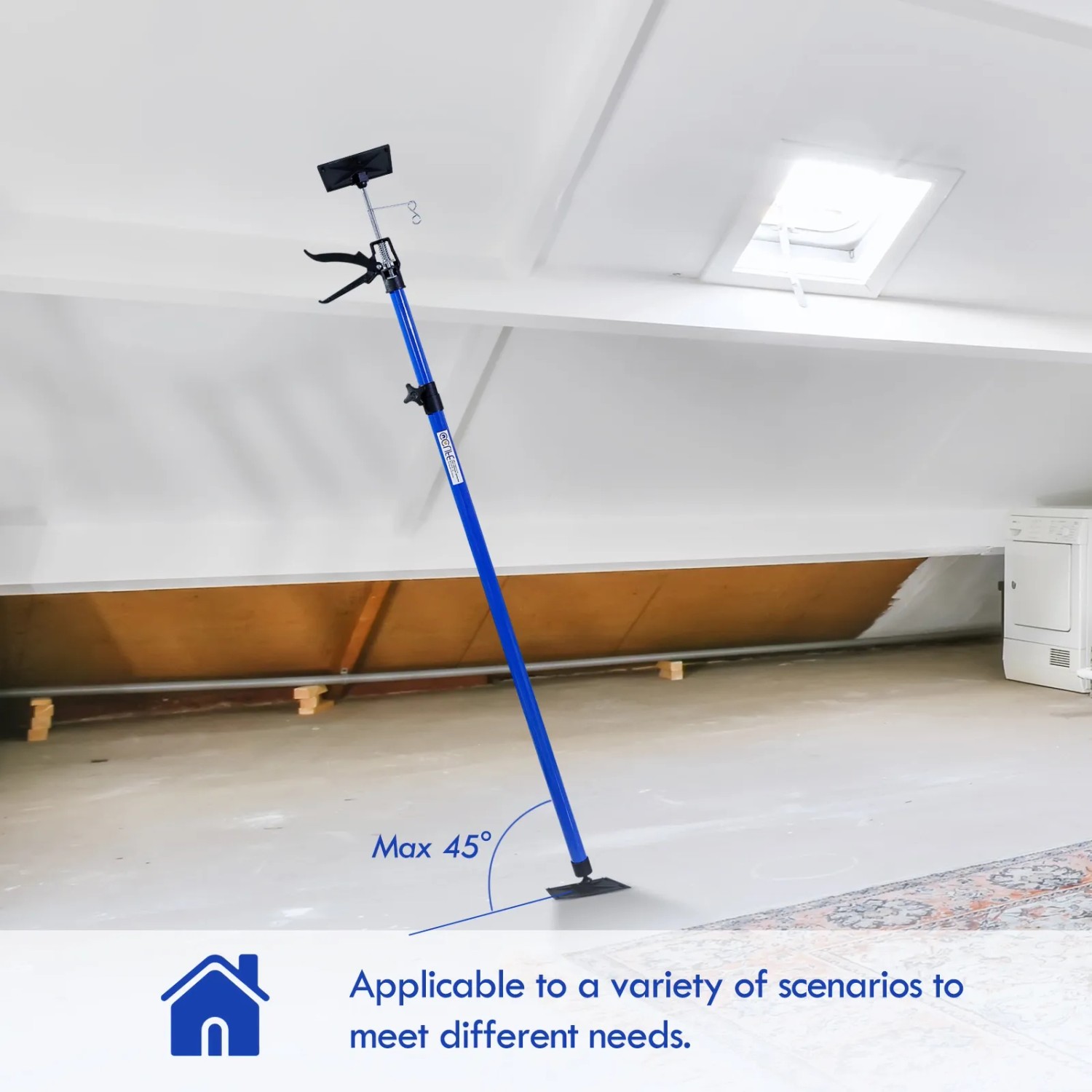 Blaue CCLIFE Deckenstütze, 115-290cm, bis 30kg belastbar, im Einsatz.
