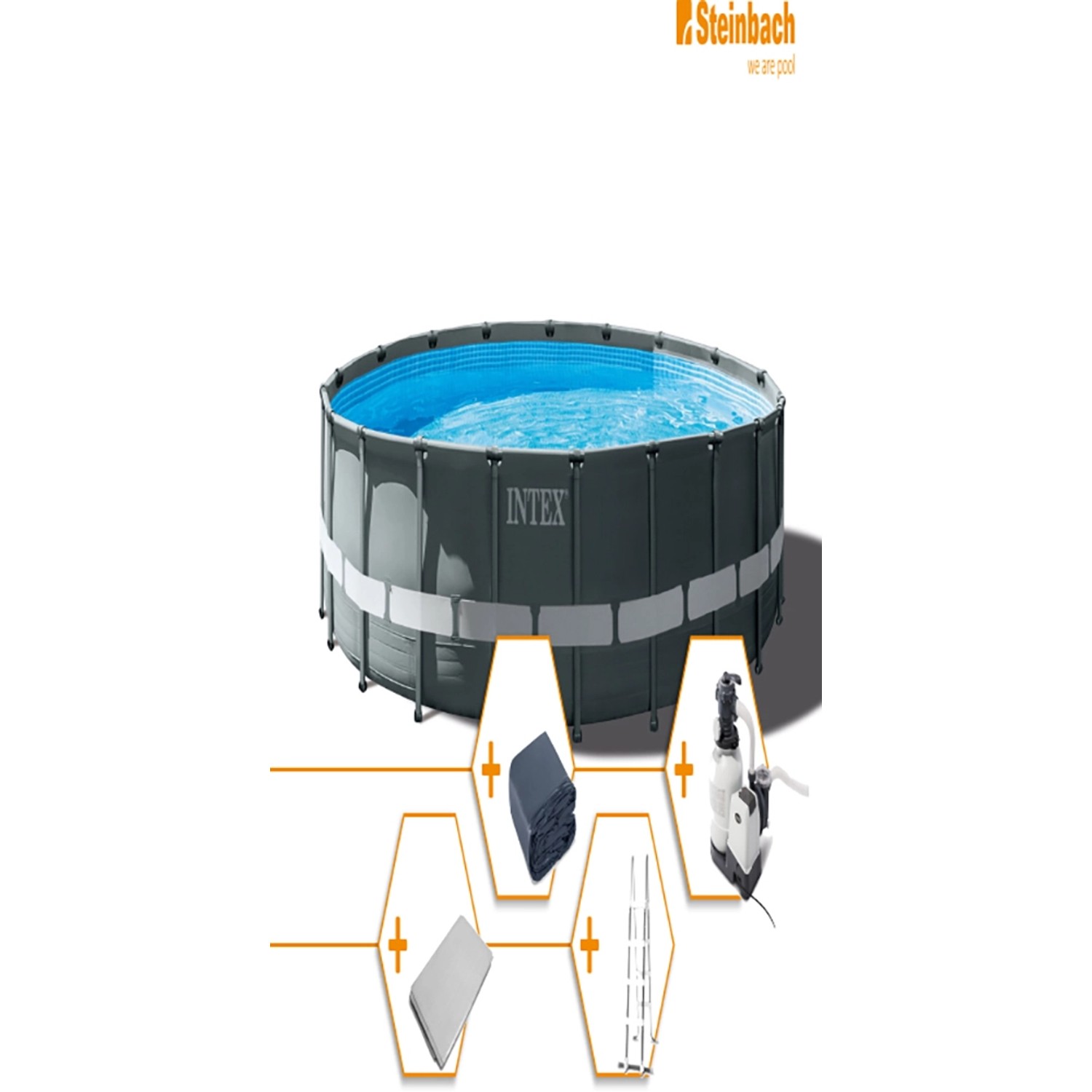 Intex Frame Pool Set Ultra Rondo XTR, Ø 610 cm, mit Sandfilteranlage, Abdeckplane, Bodenschutzplane und Leiter.