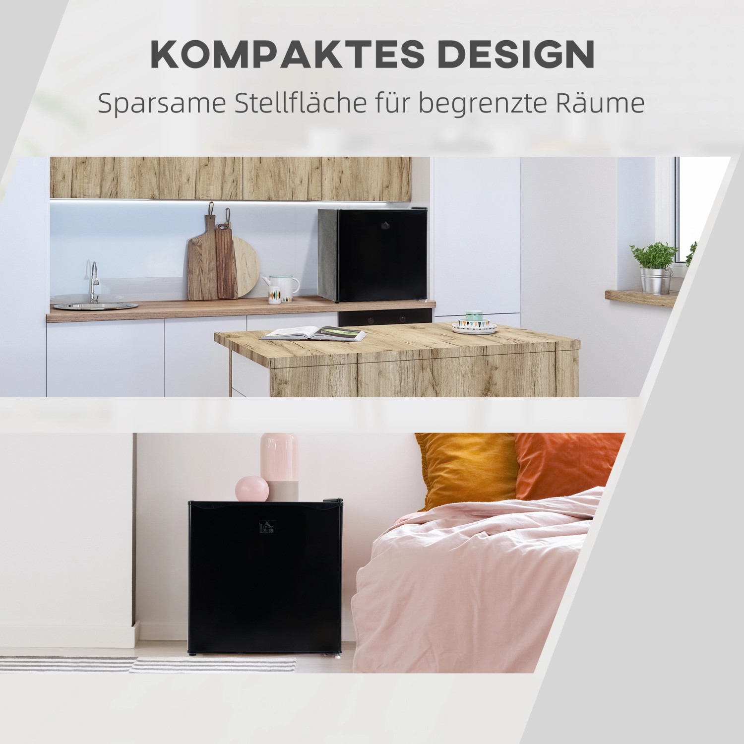 Kompakter, schwarzer Mini-Gefrierschrank von HOMCOM in Küche und Schlafzimmer.