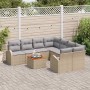 Beige-hellgraues 9-teiliges vidaXL Garten-Sofa-Set aus Rattan mit Tisch und grauen Polstern.