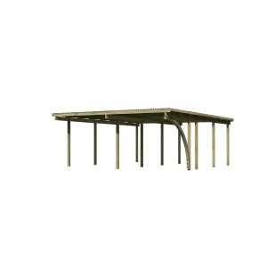 Karibu Doppelcarport Eco aus Holz mit PVC-Dachplatten und stabilen Pfosten.