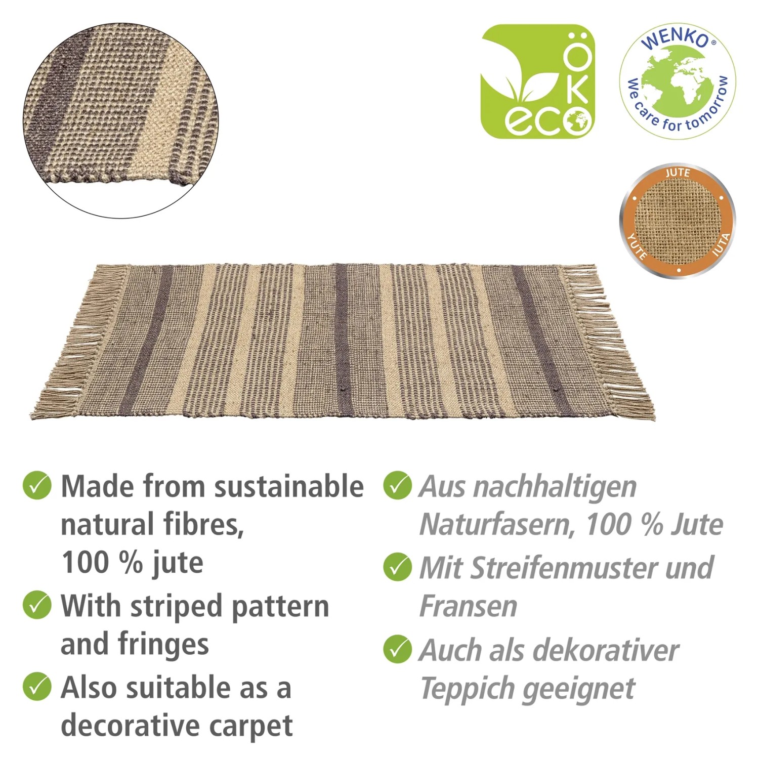 Wenko Badematte Sambu, 50x80 cm, grau, aus Jute mit Streifen und Fransen.
