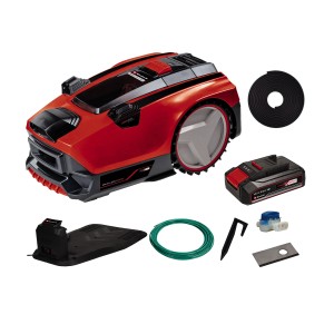 Einhell Freelexo Cam 350 Mähroboter Set mit Akku, Ladestation, Magnetband und Zubehör.