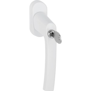 Weißer AnsaPro Fenstergriff D/K mit Druckknopf und Schlüssel für erhöhte Fenstersicherung.