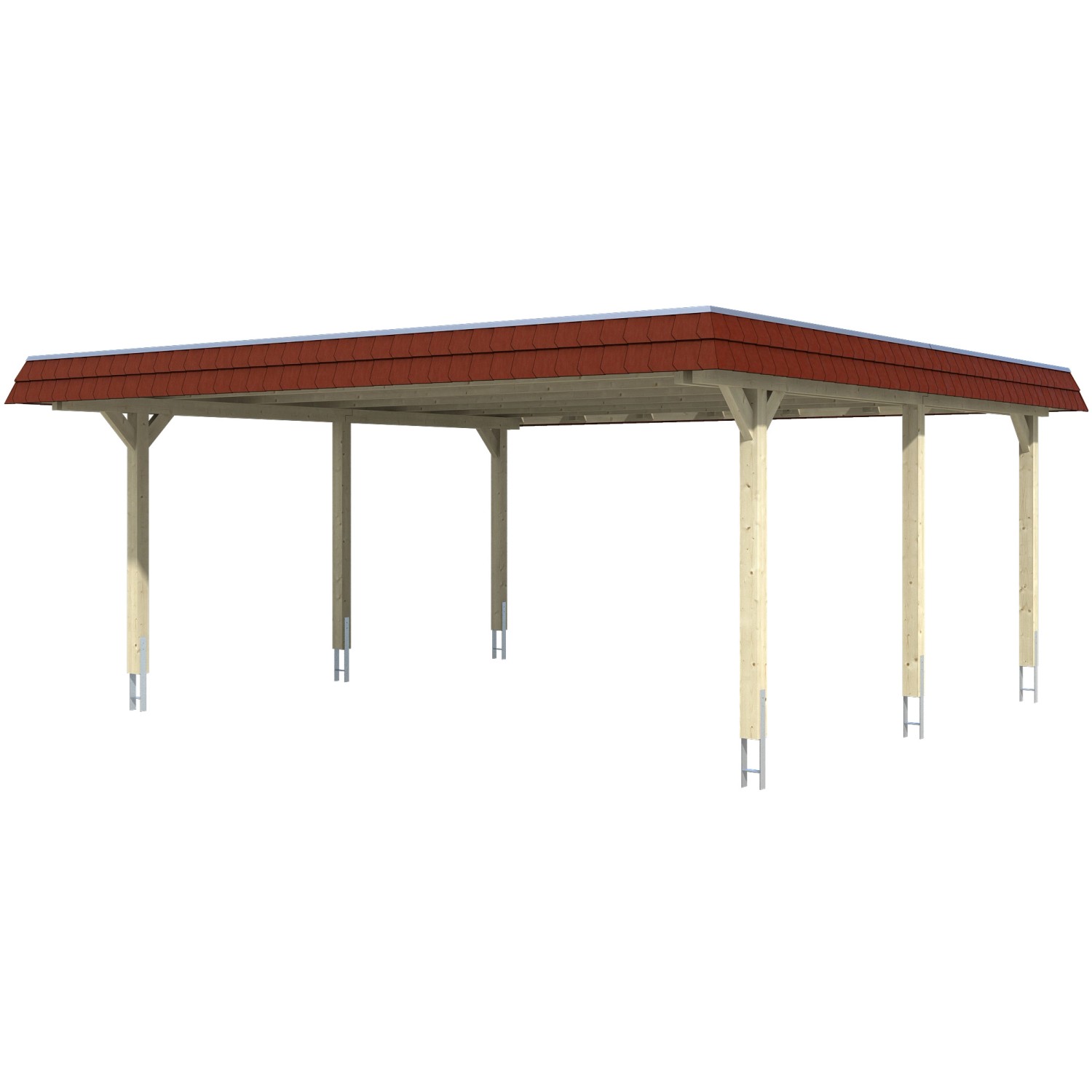 Skan Holz Doppelcarport Wendland Natur 630 x 637 cm EPDM-Dach Blende Rot