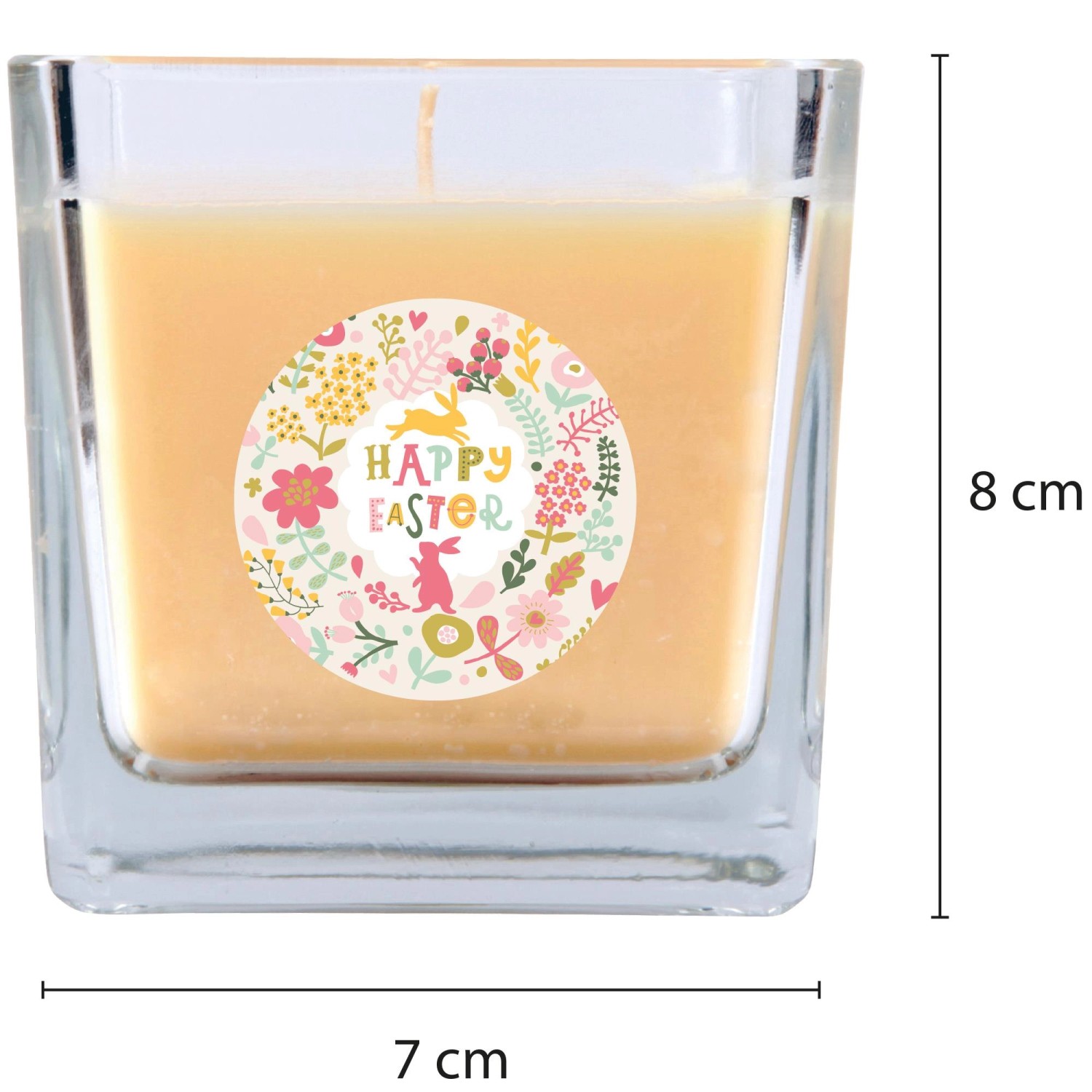 Viereckige, creme-farbene Duftkerze im Glas mit Ostermotiv (Blumen, Hase).