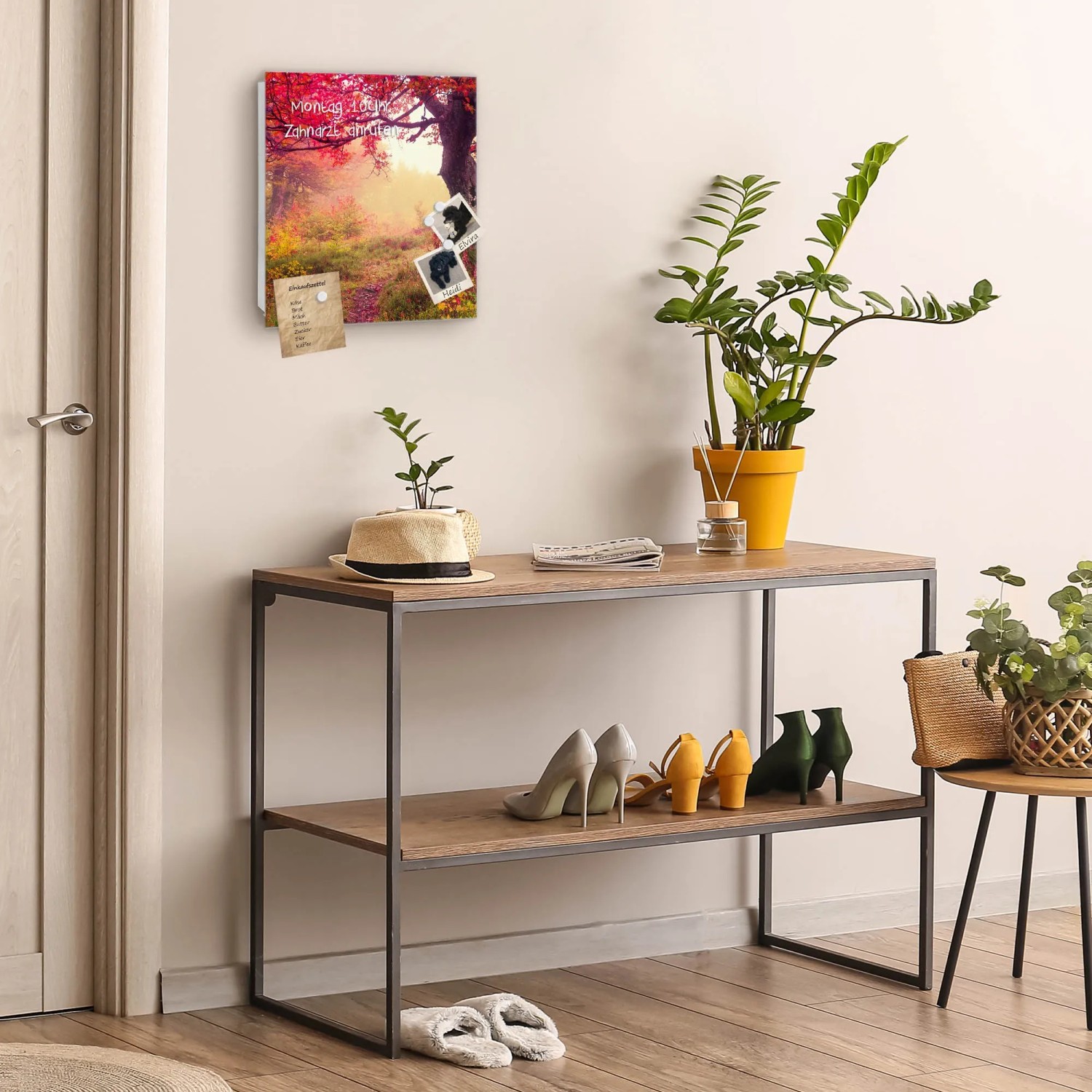 Banjado Schlüsselkasten Glas 30x30cm mit Herbstwald-Motiv, Magnettafel, 50 Haken, Weiß