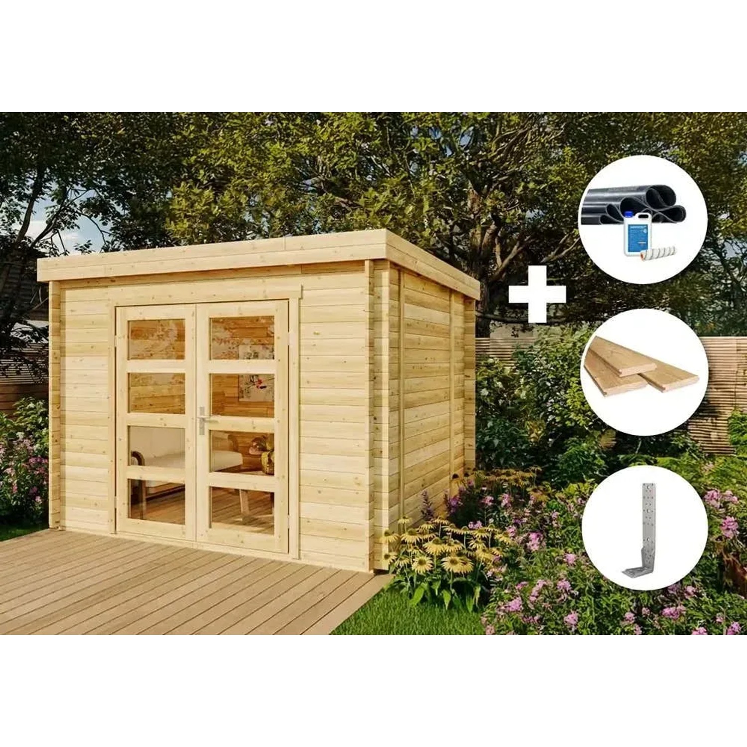 Alpholz Gartenhaus Set Paloma Sol, naturbelassen, mit Dacheindeckung und Fußboden. Inklusive Zubehör.