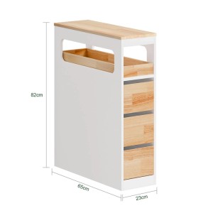 Schmaler weißer Badschrank mit Holzplatte, 3 Schubladen, offenem Fach und Rollen. Ideal für Nischen, 23x82x65cm.