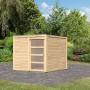 Karibu Holz-Gartenhaus Cuadrado, unbehandelt, mit Flachdach und Tür mit Fenstern.