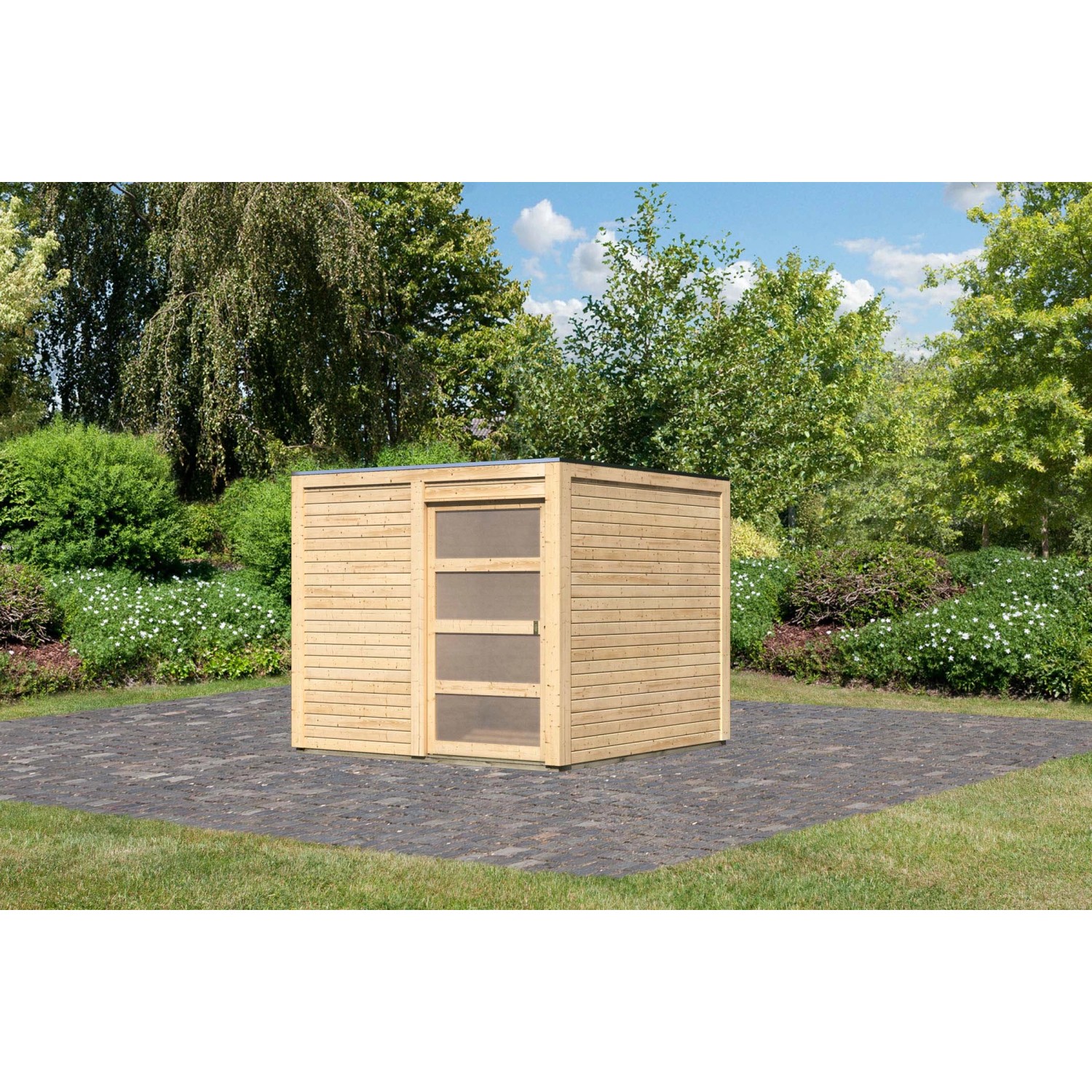 Karibu Holz-Gartenhaus Cuadrado Natur Flachdach Unbehandelt 242 cm x 242 cm günstig online kaufen