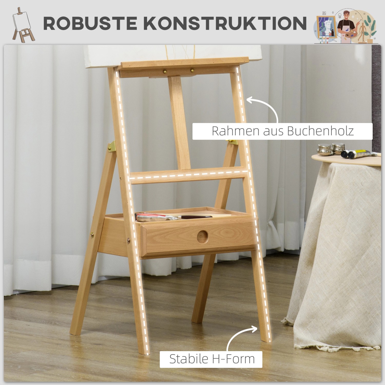 Klappbare Vinsetto Künstlerstaffelei aus Buchenholz mit Halterung und Schublade.