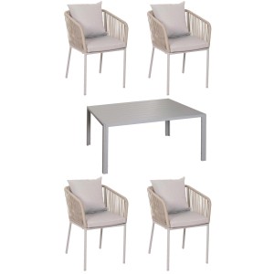 MCW Gartengarnitur N41: Tisch mit 4 Stühlen, wetterfestes Alu, Seilgeflecht hellgrau, Kissen hellgrau.