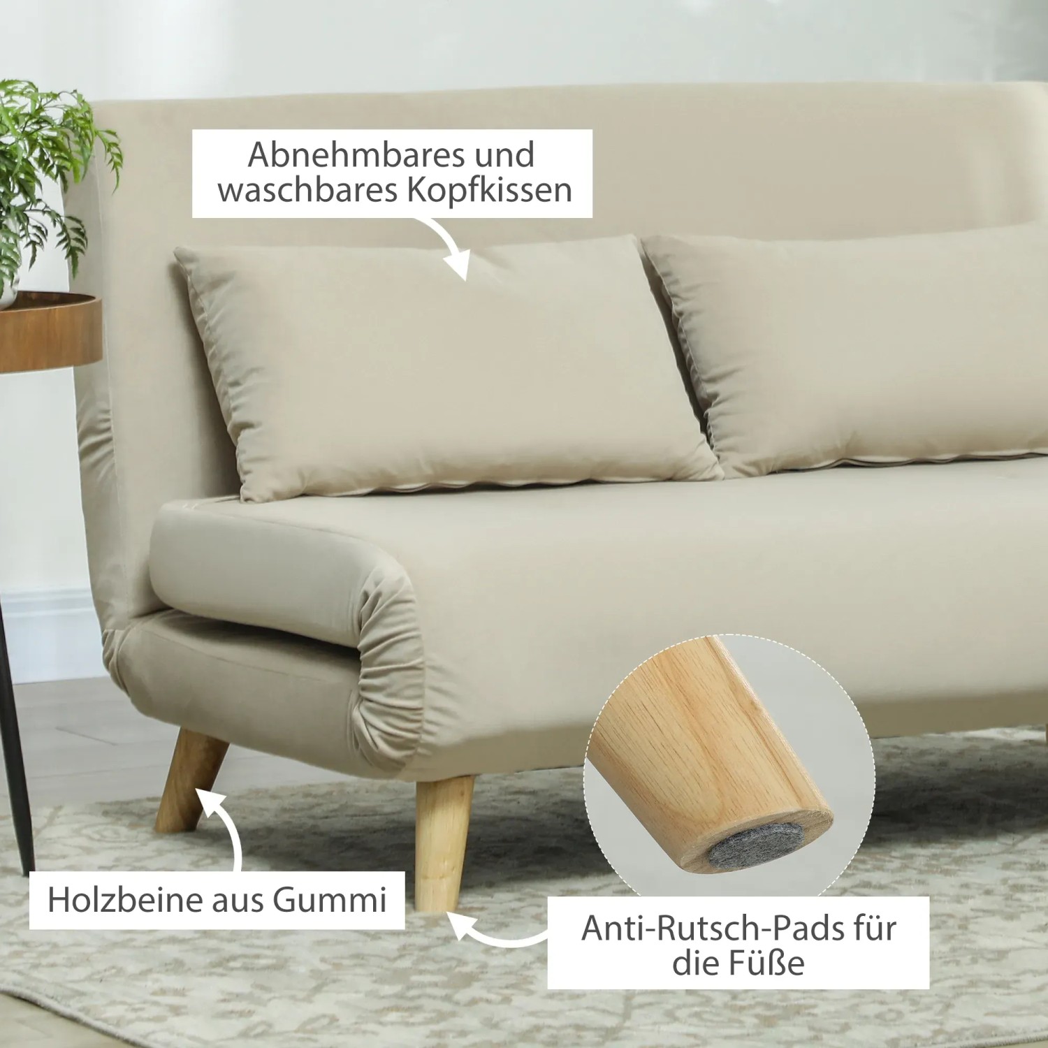 Beiges HOMCOM 3-in-1 Schlafsofa mit zwei Kissen und Holzfüßen. Ideal für Wohnzimmer.