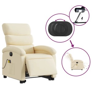 Elektrischer Massagesessel mit Aufstehhilfe, creme Stoff, mit Details zur Bedienung und Funktion.