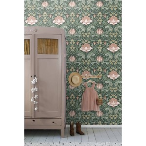 ESTAhome Vliestapete mit Jugendstil Blumenmuster in Dunkelgrün und Hellrosa. Dekorative Wandgestaltung.