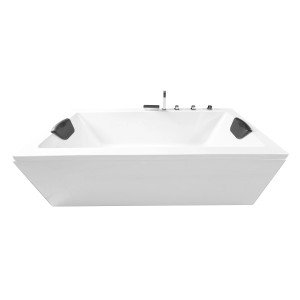 Weiße Rechteck-Badewanne Basera Naxos 140x75 cm mit Armatur und Kopfstützen.
