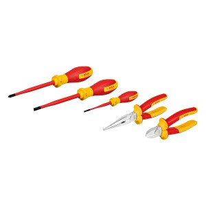 Bosch Professional VDE Werkzeug-Set, 5-teilig: Zangen (Spitz, Seitenschneider) und Schraubendreher mit rot-gelben Griffen.