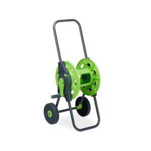 Relaxdays Schlauchwagen graugrün aus Stahl mit grüner Schlauchtrommel, Kurbel und Rädern, für 45 m Gartenschlauch.