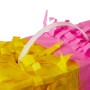 Bunte Zahlen-Pinata mit gelben und pinken Papierfransen und weißer Aufhängeschlaufe für Partys.