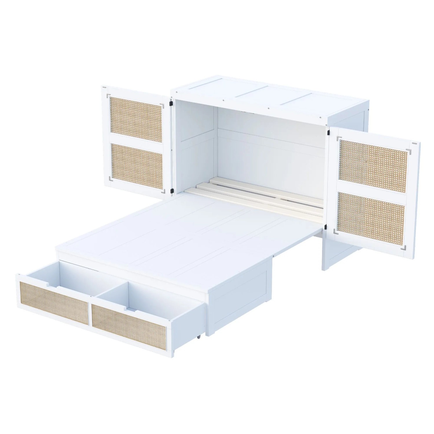 KOMHTOM Schrankbett 140x200Cm Wandbett Vertikales Wandklappbett Mit Lattenrost Stauraumschubladen Rattan-Design Holzbett Jugendbett Weiß