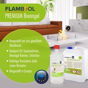 24er-Pack Flambiol Premium Brenngel, je 1l. Bio-Ethanol Brennstoff für Kamine und Stövchen.