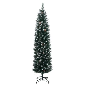 Schlanker künstlicher Weihnachtsbaum 180 cm, grün-weiß mit Kunstschnee, Zapfen und LEDs auf Ständer.