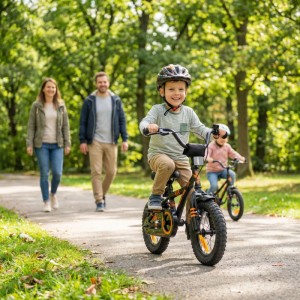 Glückliches Kind auf schwarzem 12 Zoll Kinderfahrrad mit Stützrädern im Park. Familie im Hintergrund. Perfekt für erste Fahrversuche.